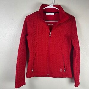 Spyder Womens Core Sweater Full Zip Jacket Red Cable Knit Fleece Lined